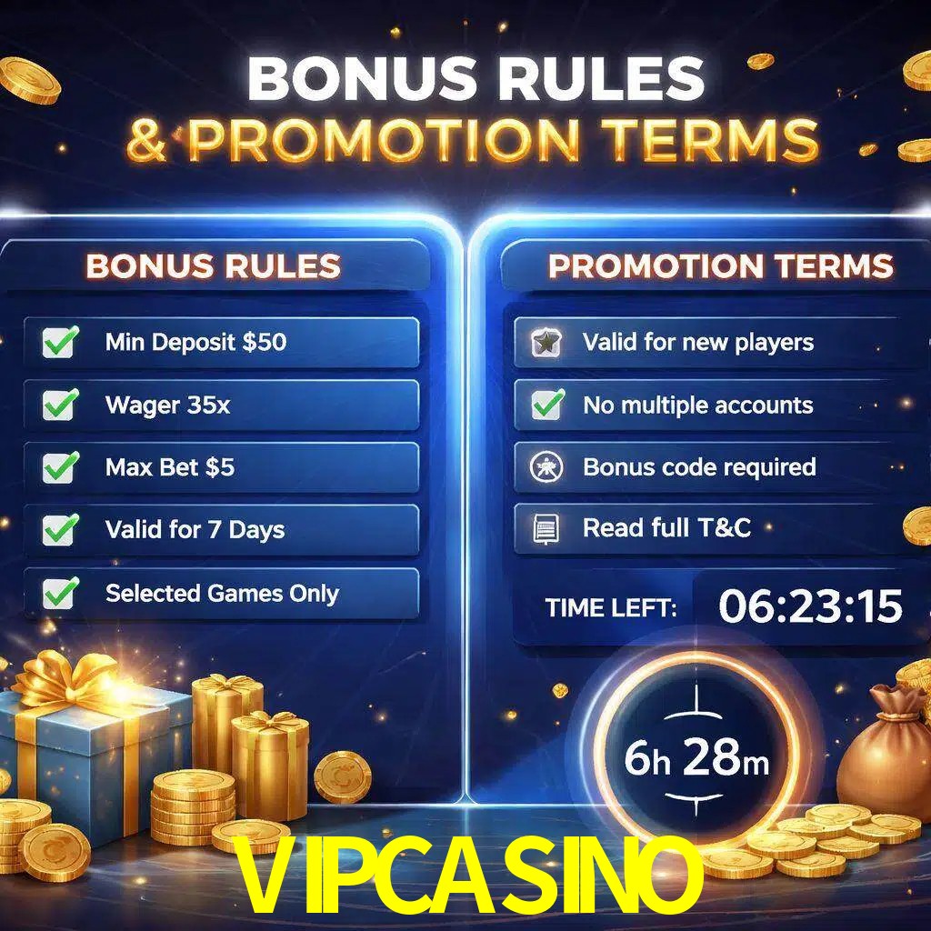Reglas de promoción VIPCASINO y condiciones de bonos explicadas visualmente