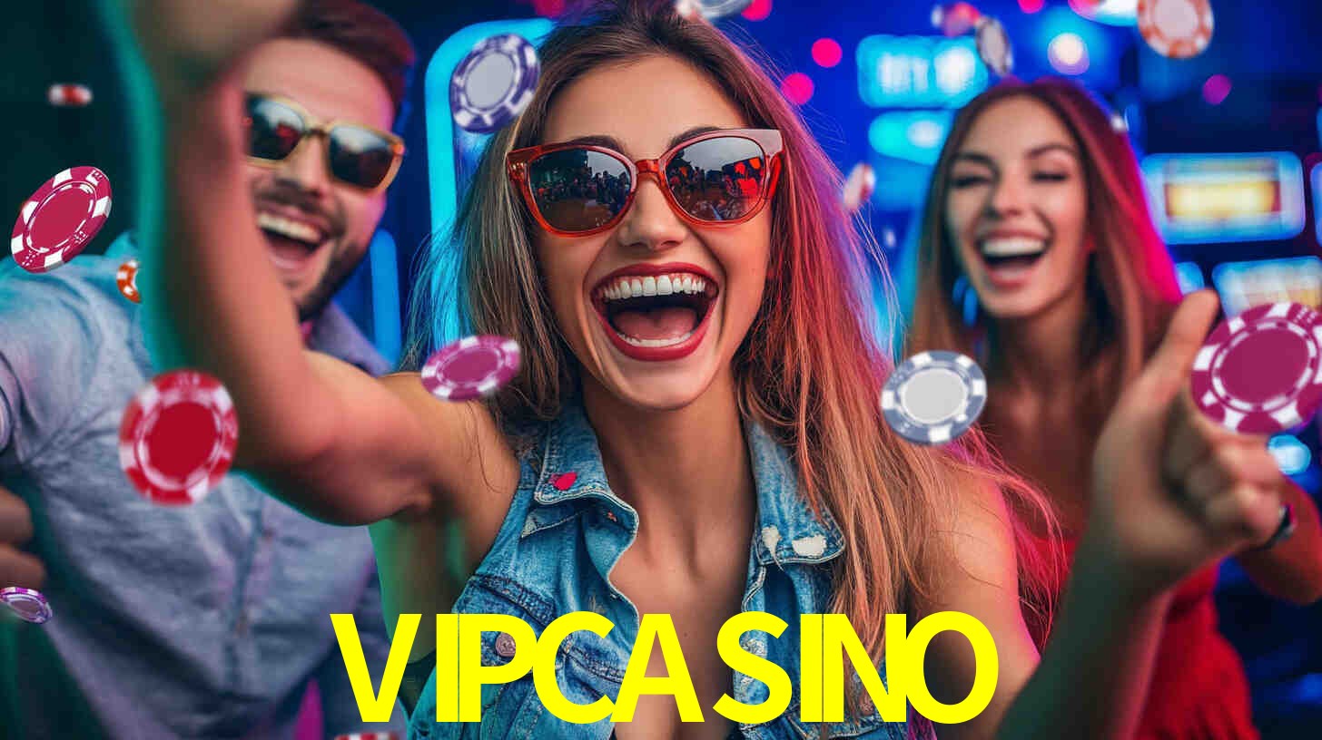 Una escena digital vívida inspirada en casino con VIPCASINO mostrado prominentemente, luces brillantes, fichas, cartas y acentos dorados.