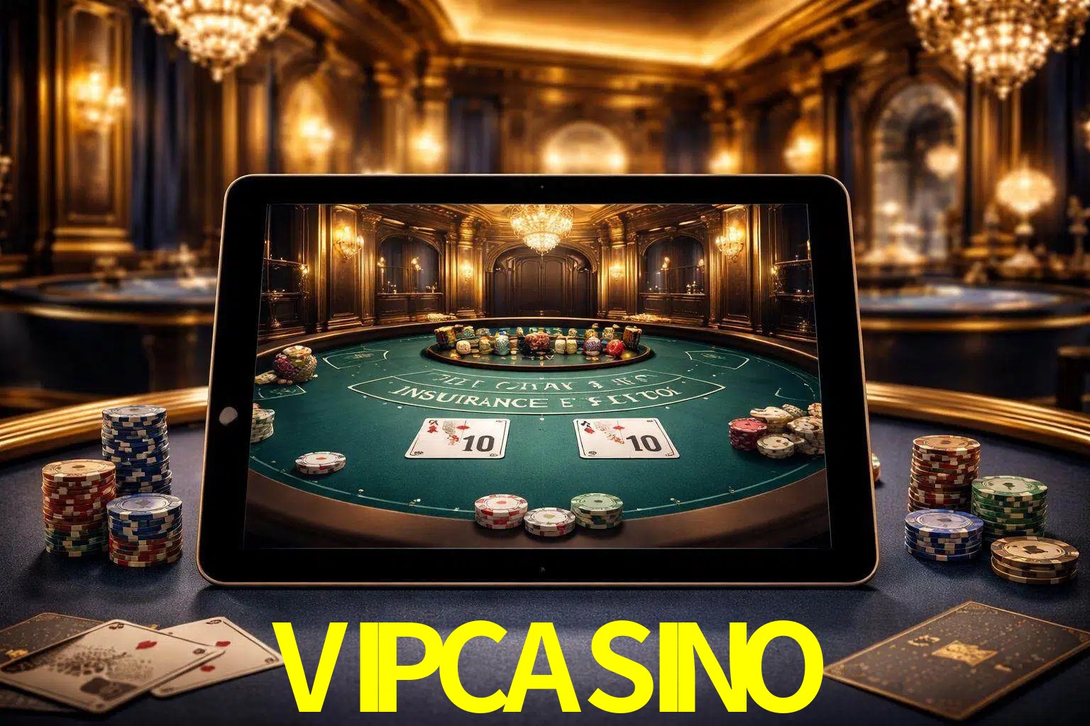 Configuración moderna de casino en vivo con una tableta mostrando una mesa de blackjack, luces cálidas de estudio y una atmósfera elegante de juegos digitales.