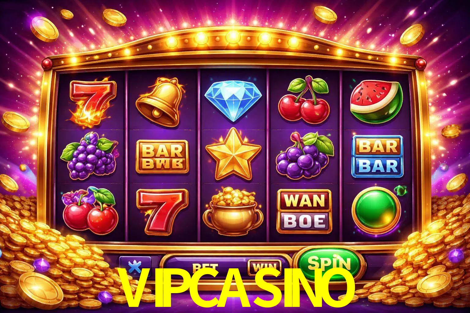 Una interfaz colorida de tragamonedas en línea con símbolos brillantes, monedas y un efecto de victoria celebratoria en VIPCASINO.