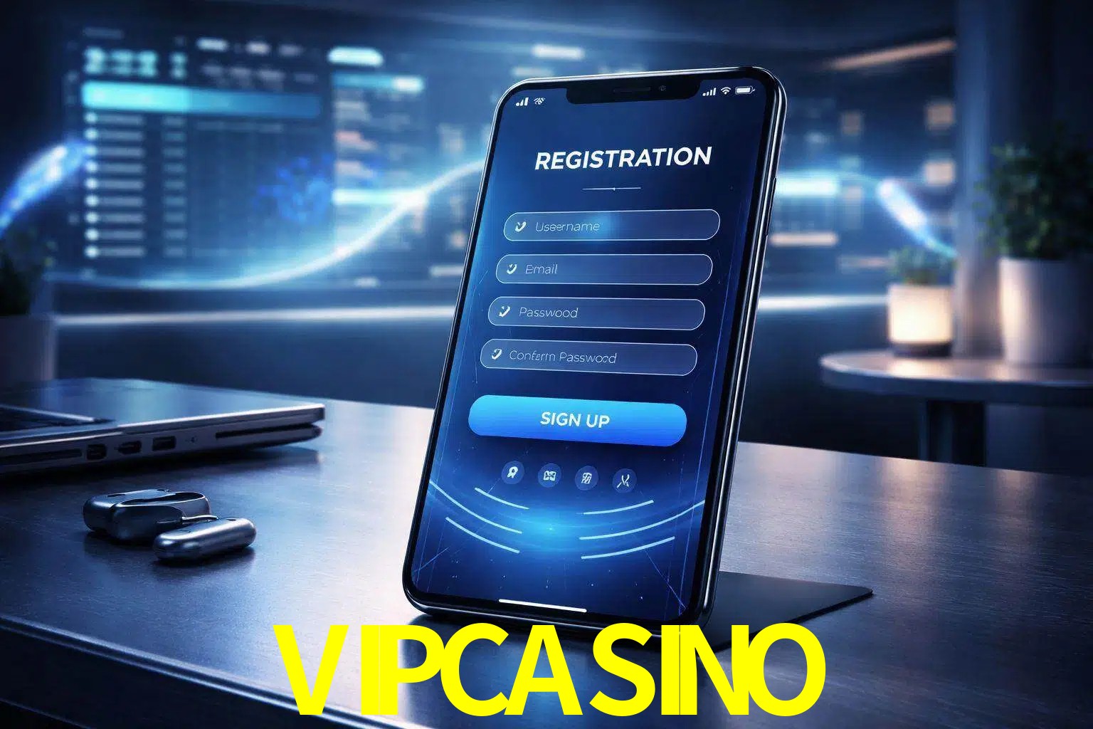 Una interfaz moderna de registro móvil para VIPCASINO mostrada en un smartphone con un panel de apuestas elegante.
